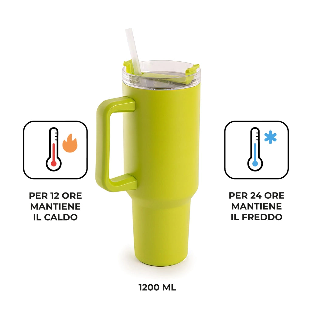 Borraccia Termica Americana 1200 ml in Acciaio Inox Doppio Strato Sottovuoto con Cannuccia e Manico – Smalto Antigraffio, Isolamento Caldo/Freddo, Coperchio Ermetico Lime
