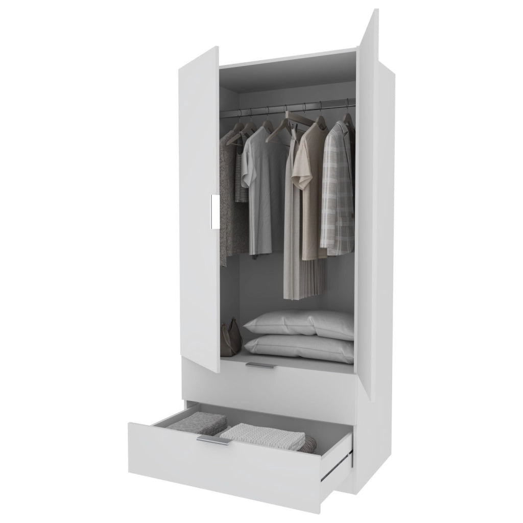 Armadio Multiuso Per Camera Da Letto Con Appendiabiti 2 Ante Maniglie In Metallo E 2 Cassetti Ideale Per Arredare La Tua Stanza 180 X 81 X 52 Cm Bianco