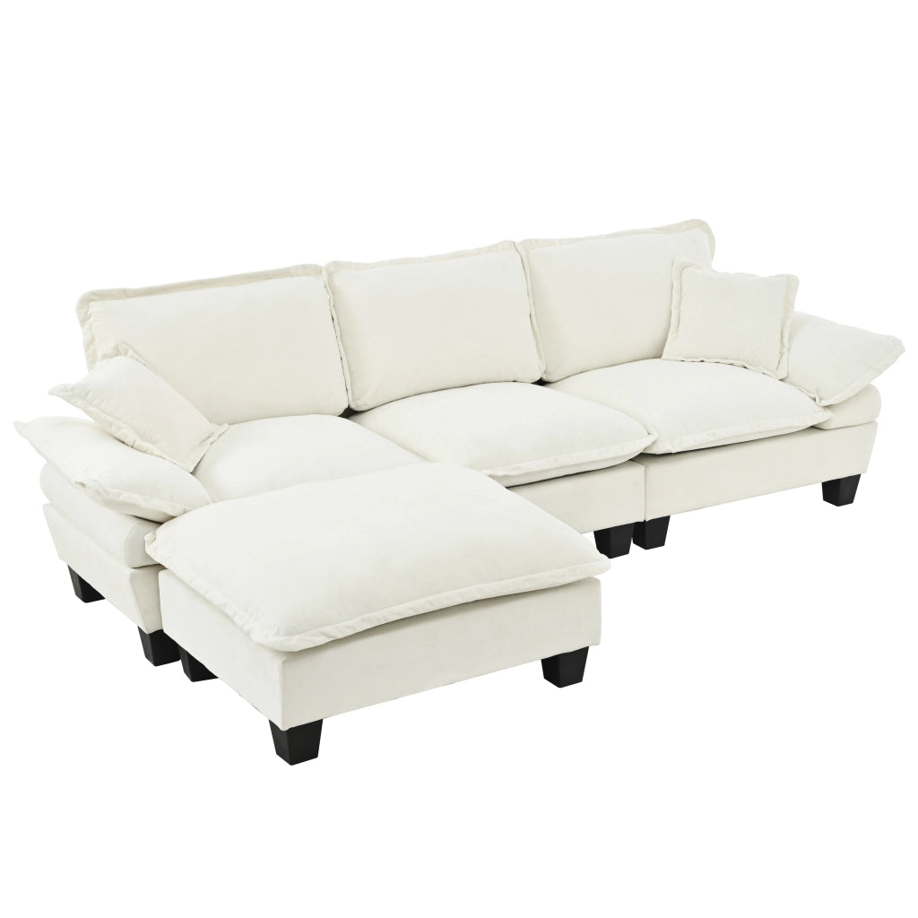 Divano angolare modulare a nuvola con pouf mobile e 2 cuscini in ciniglia beige per soggiorno 263 × 151 × 90 cm