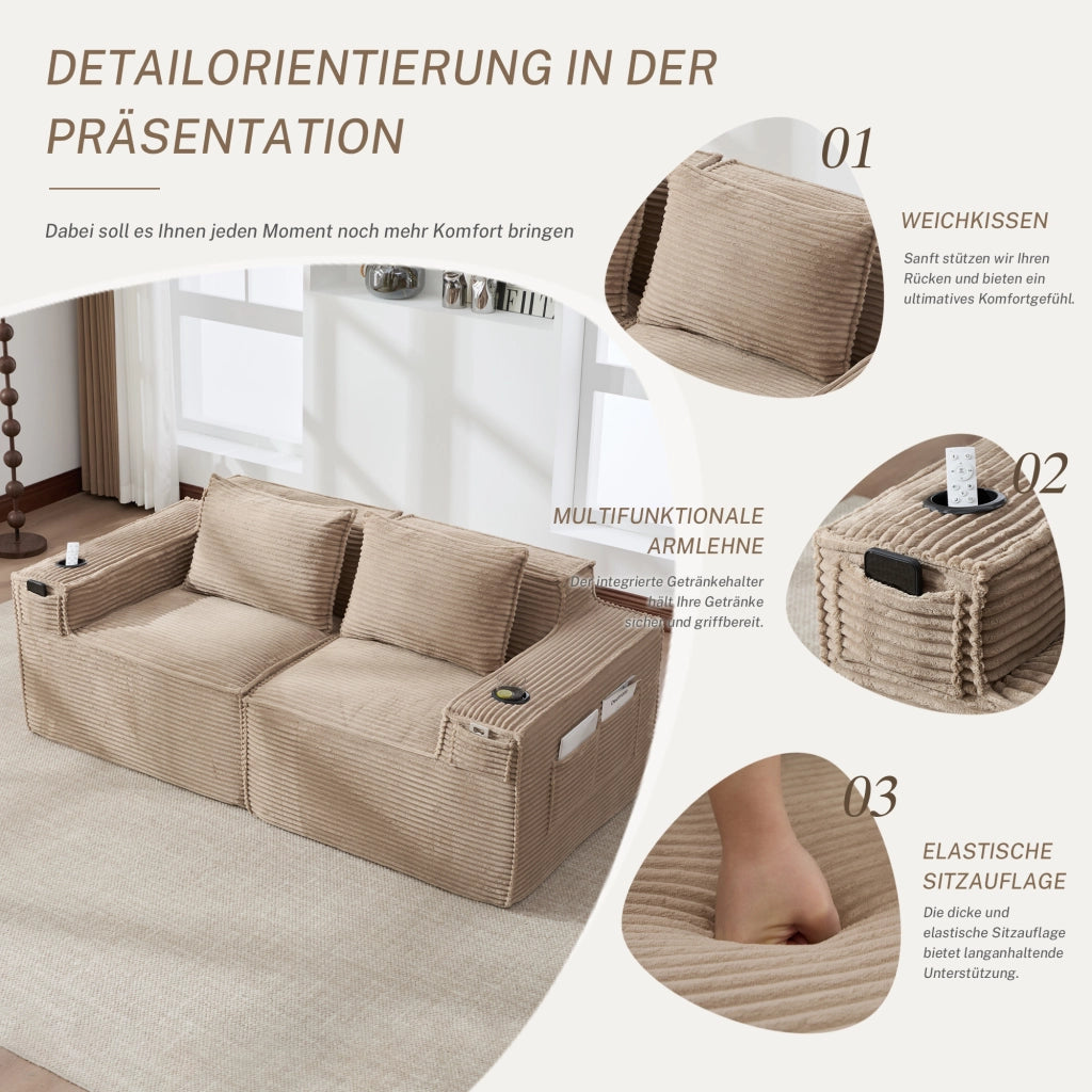 Divano modulare a 2 posti con portabicchieri e tasche laterali in velluto a coste khaki 188 × 90 × 75 cm