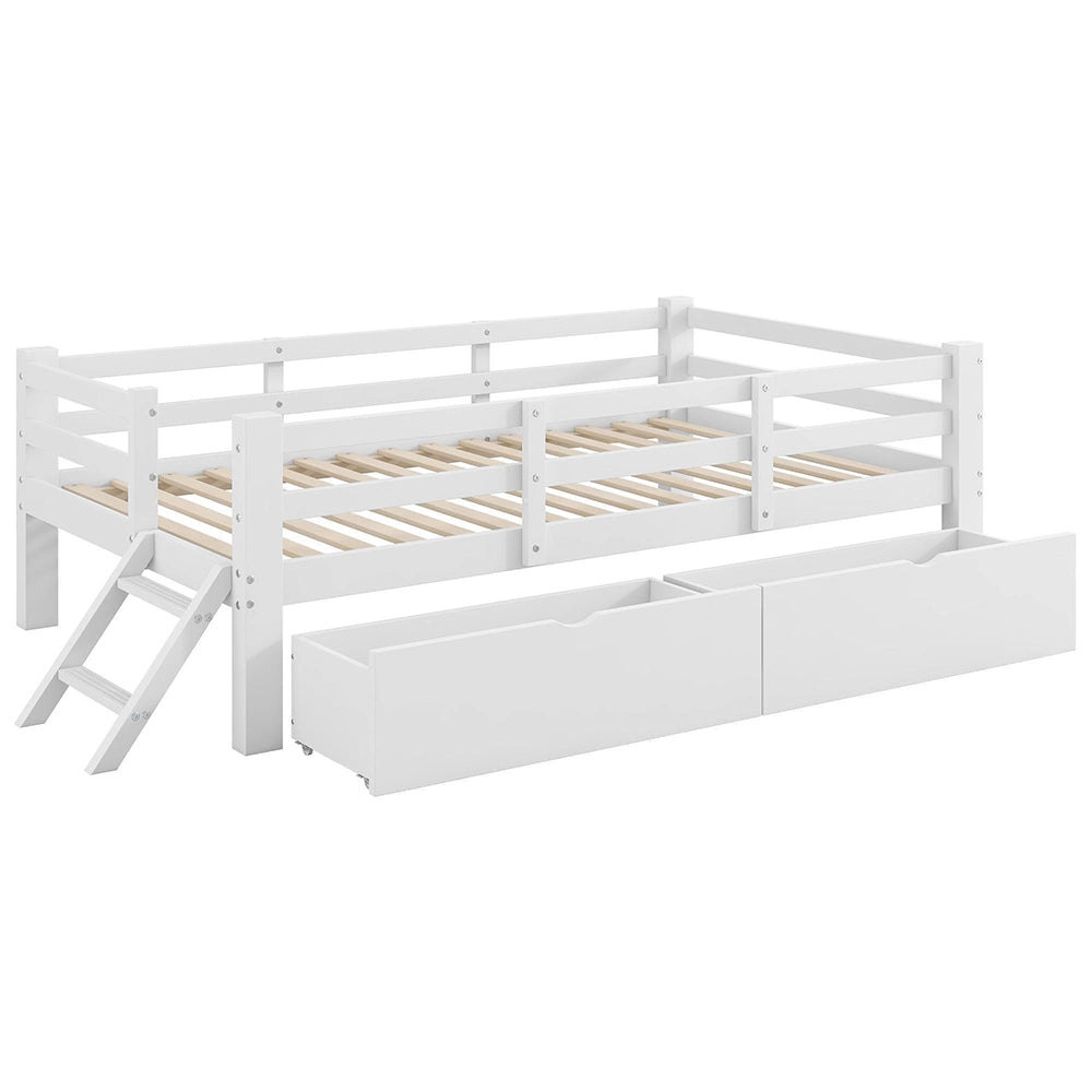Letto 90x200cm in legno - Xylo - piattaforma 2 cassetti barriera bianco