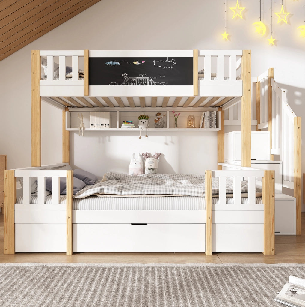 Letto a castello per 3 con lavagna, scala contenitore e cassetti