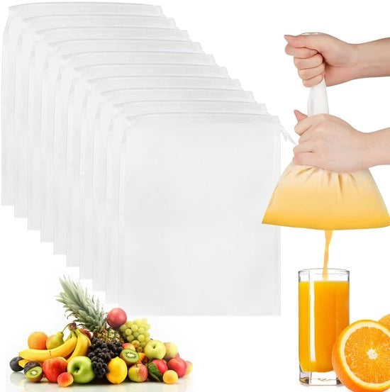 Set di 10 sacchi a notte di nylon riutilizzabili e lavabili 20 x 30 cm con cordino e filtro per notte di latte, formaggio, caffè, yogurt e succhi di frutta e verdura.