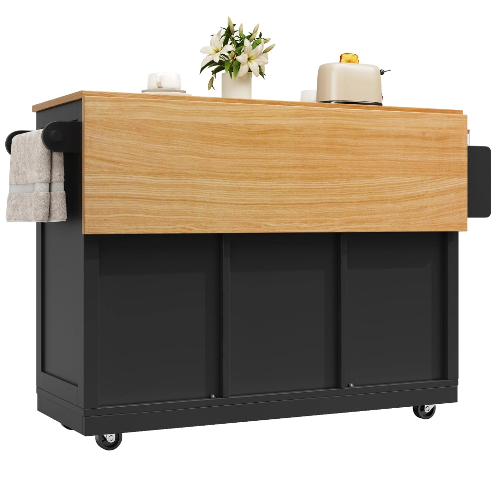Carrello da cucina con 2 Ante e 1 Cassetto; Portasciugamani; Portabottiglie e Ruote; 140 x 40 x 93.5 cm; Nero