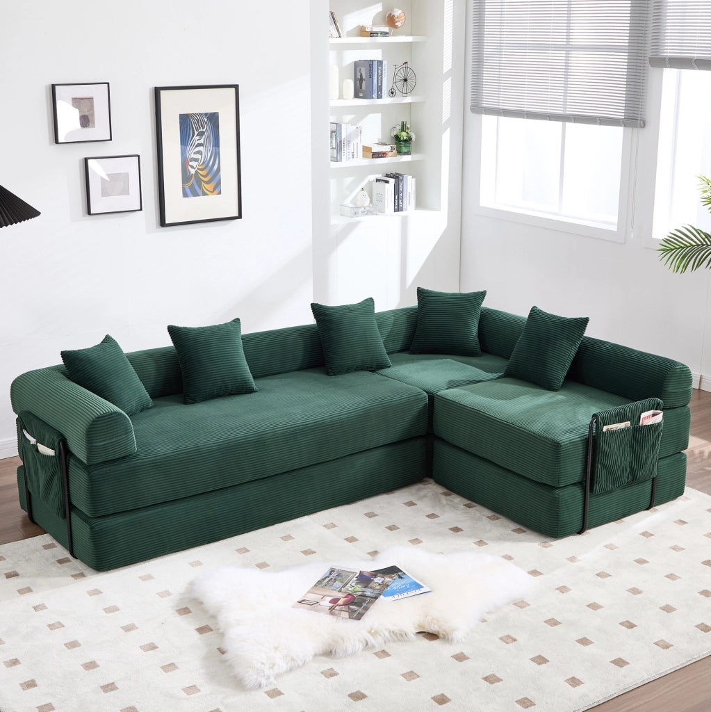 Divano modulare con tasca laterale e funzione letto 270x180x64 cm; velluto a coste verde smeraldo