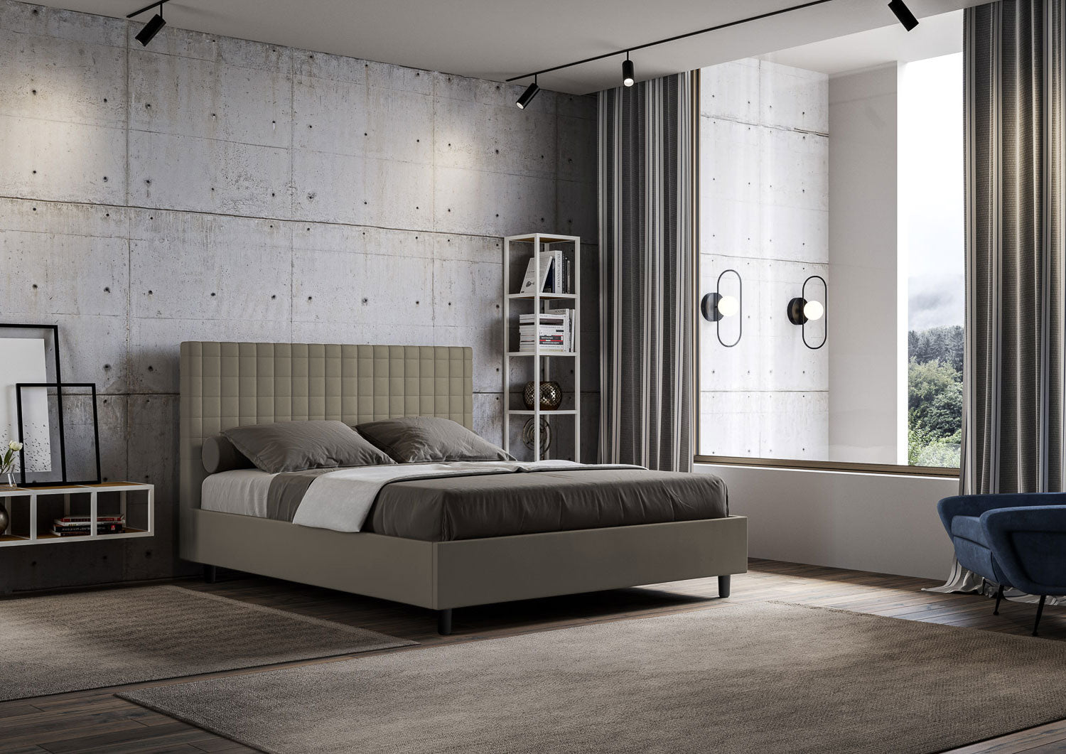 Letto Matrimoniale 160x210 cm con Rete e Contenitore con Testata e Alzata Comoda Imbottito in Similpelle Sunny