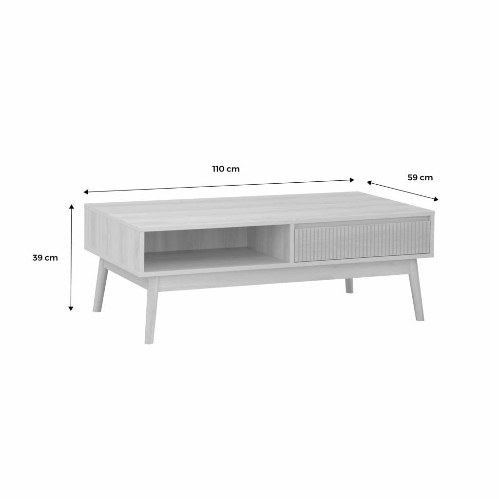 Tavolino scandinavo, decoro in legno scanalato, 2 nicchie, 1 cassetto,