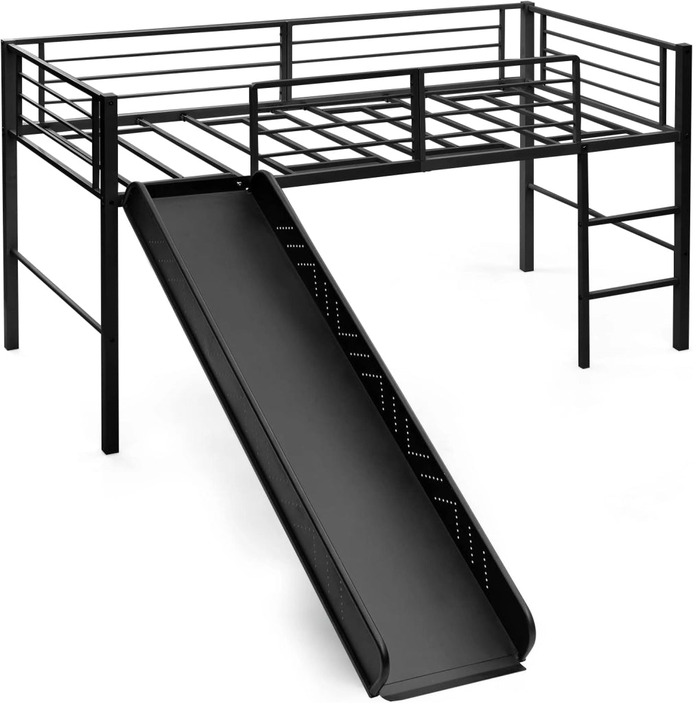 Letto a Soppalco per Bambini con Scivolo E Protezione Anticaduta e Scaletta, Struttura Letto in Metallo 96x198x109cm, Letto a Castello con Rete a Doghe, Fino a 150 kg (Bianco)
