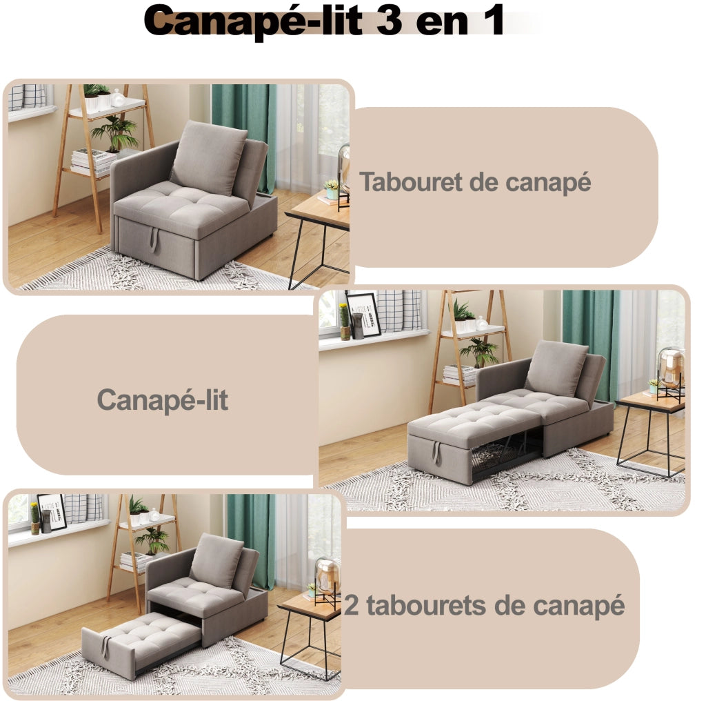 Divano letto trasformabile 3 in 1 grigio con schienale regolabile