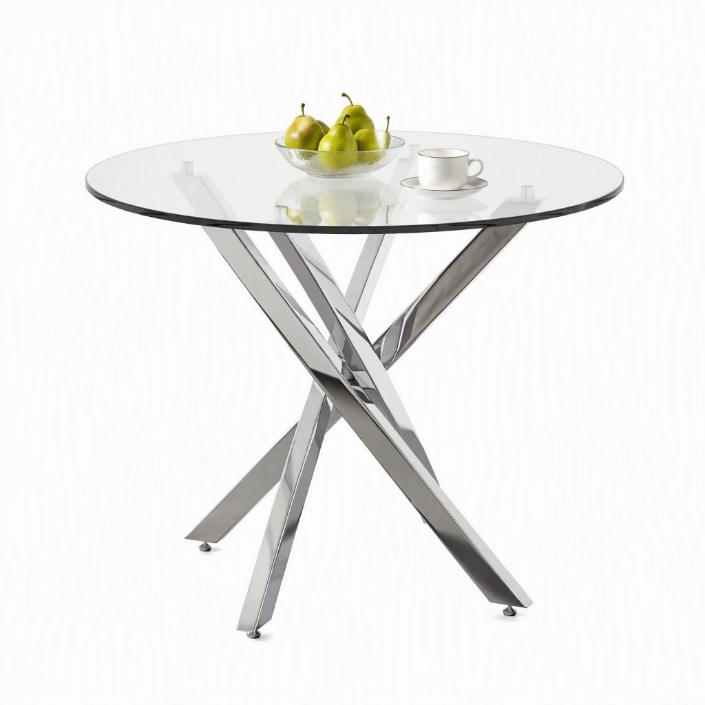 Tavolo rotondo moderno 80x80 cm in vetro temperato e metallo, colore argento