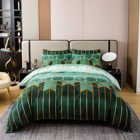 Set di coperte e due cuscini, 200 x 200 cm, disegno geometrico/marmo, set di 3 coperte morbide con chiusura a zip, verde