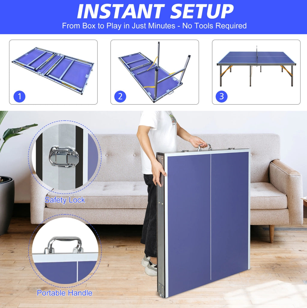 Tavolo da ping-pong pieghevole 152，4 x 66，04 x 66，04 cm in MDF blu， interno/esterno