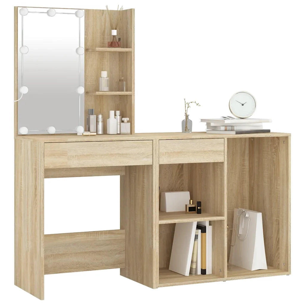 Toeletta | Tavolo da Trucco LED con Armadietto in Legno Multistrato Rovere Sonoma