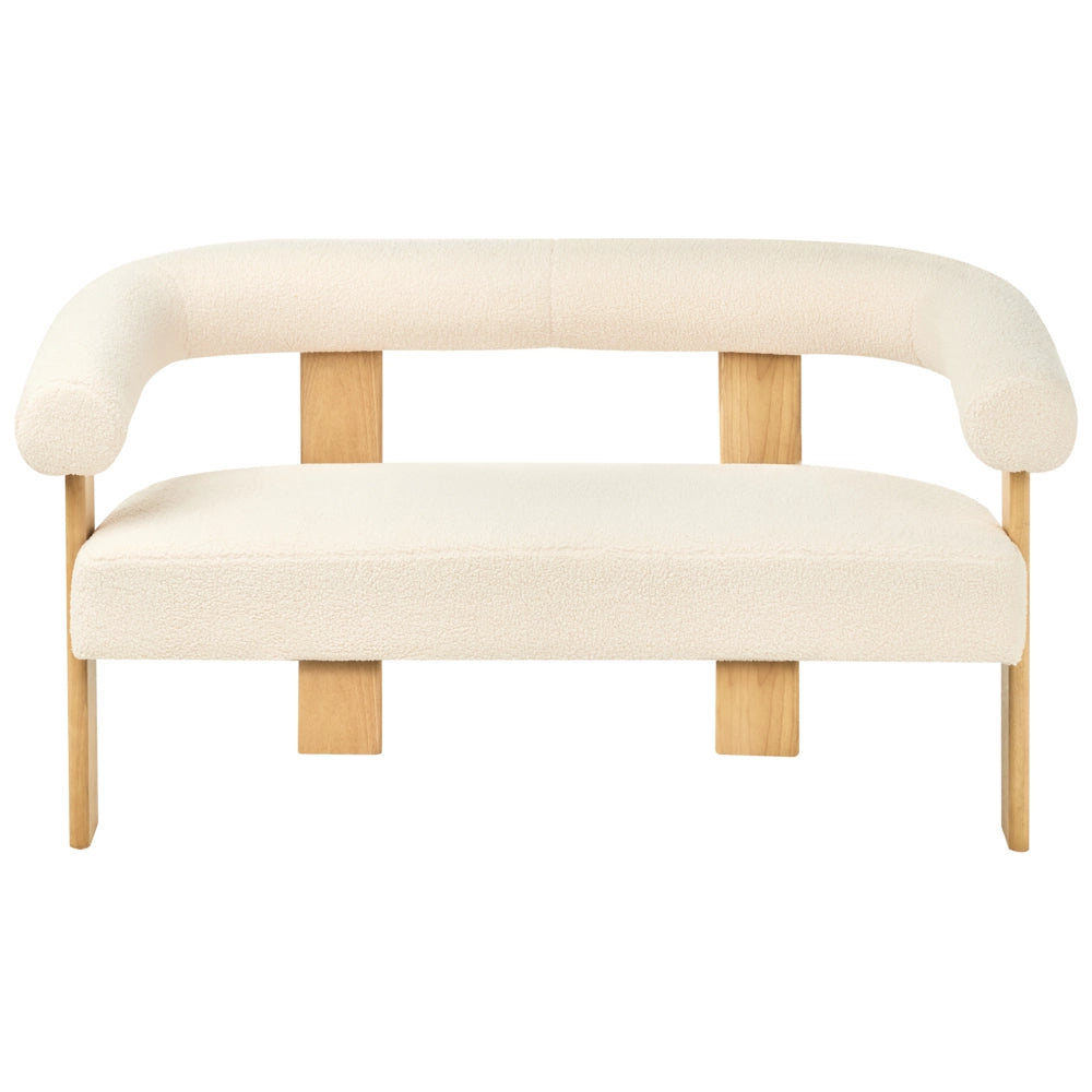 Divano a 2 posti Boucle bianco sporco e Marrone chiaro stile retrò gambe in legno