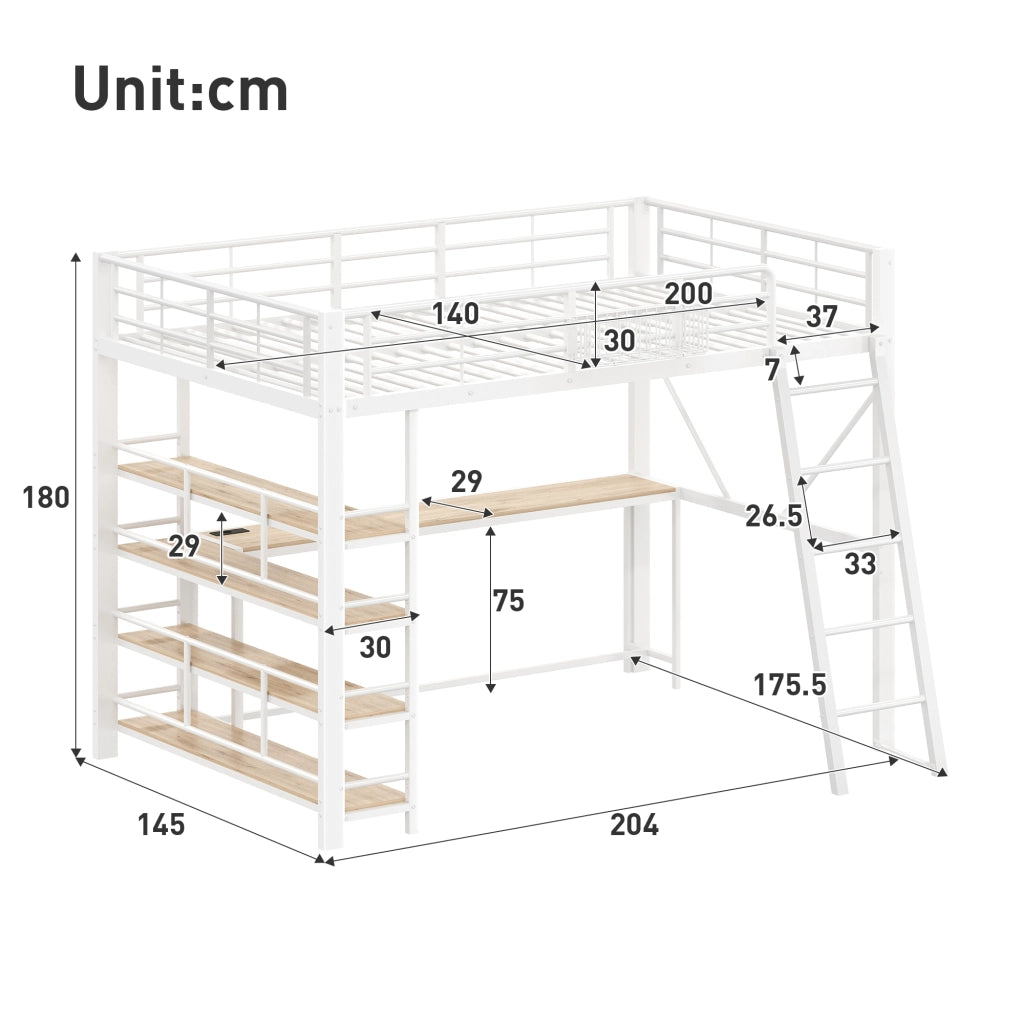 Letto a Soppalco Matrimoniale 140x200 cm; Scrivania; USB; LED e Mensole; Bianco