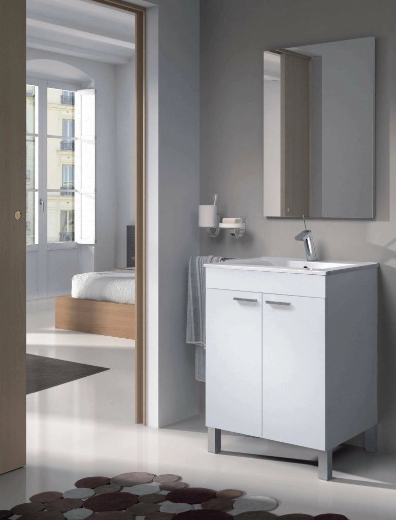 Mobile sottolavabo Abaco, Mobiletto da terra, Armadietto con 2 ante, color bianco lucido, cm 60 x 80 x 45,Bianco