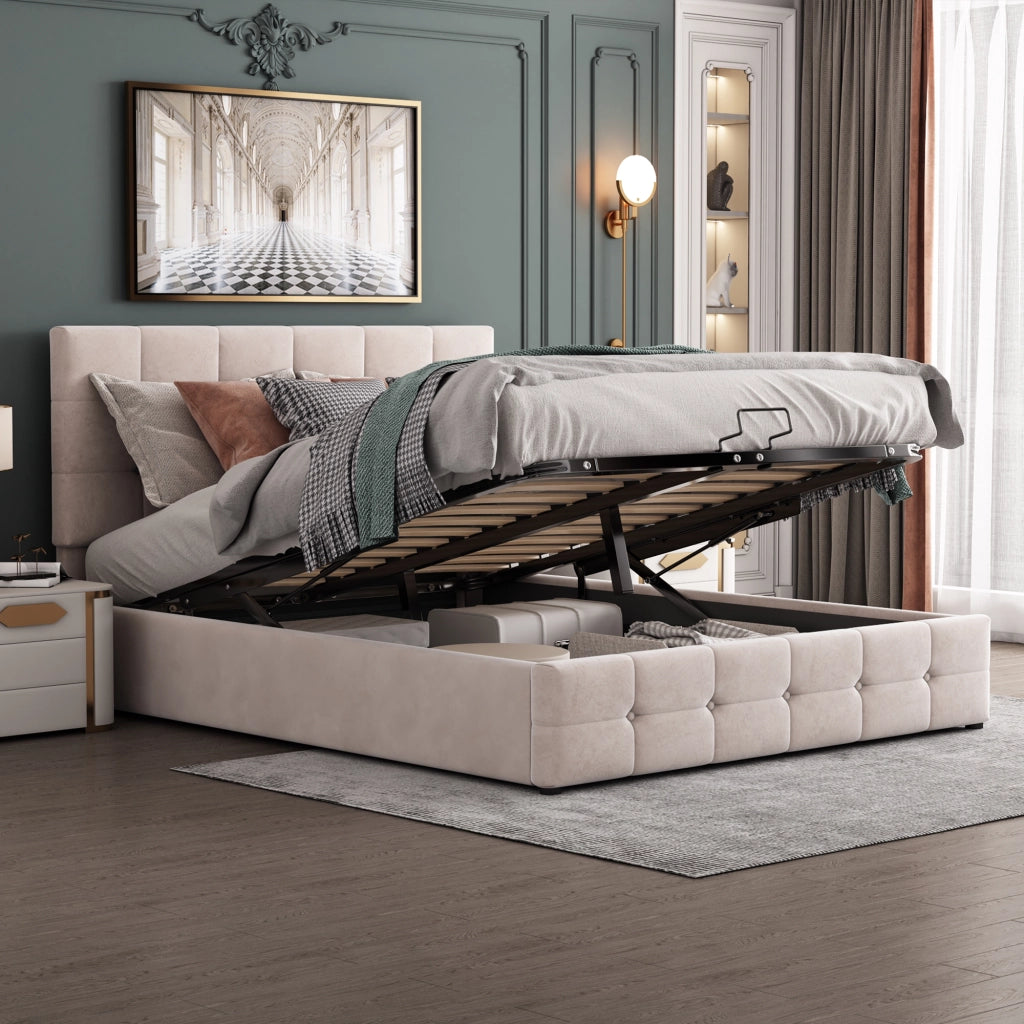 Letto Contenitore Matrimoniale 140x200 cm; sollevamento idraulico; in Velluto Crema