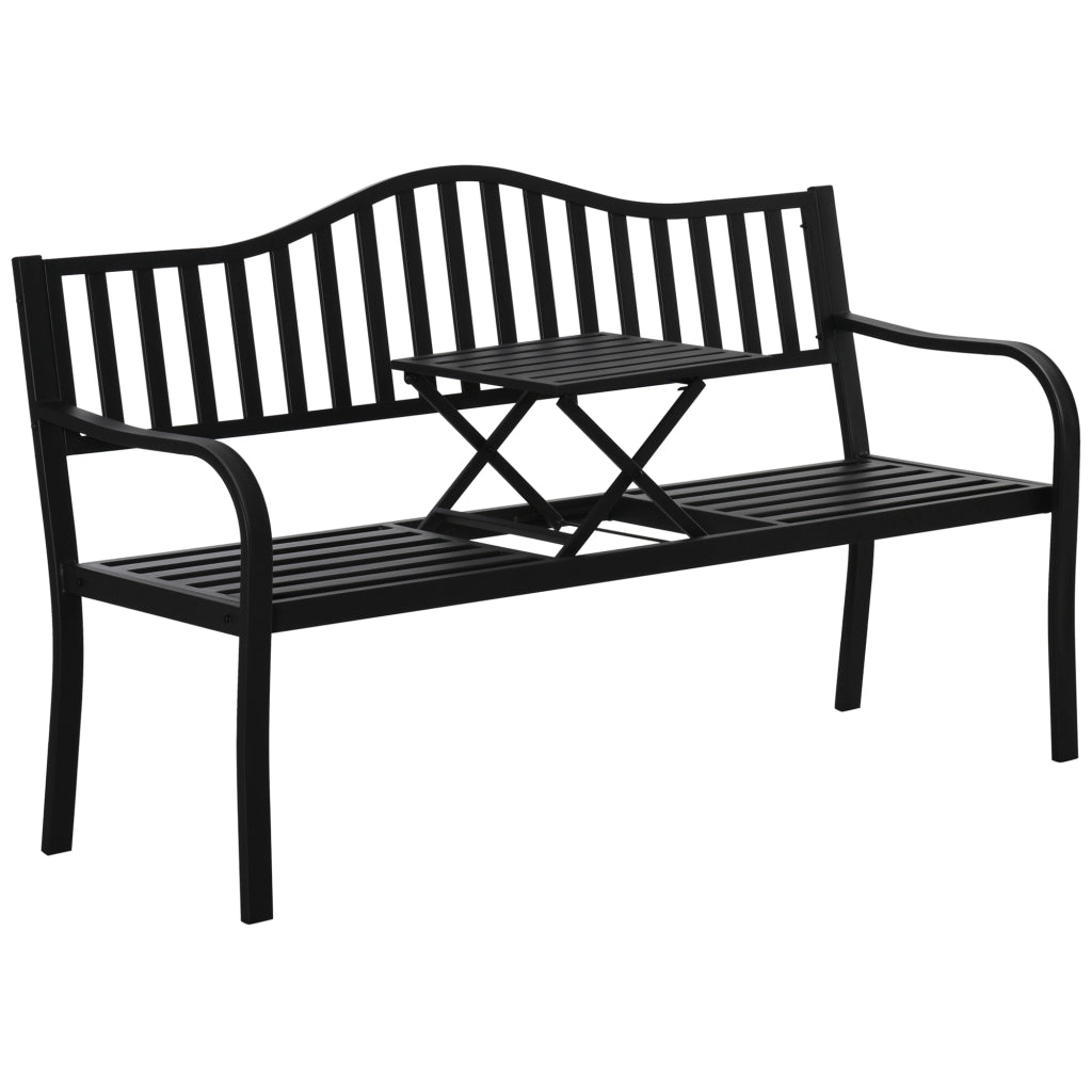 Panchina da Giardino 2-3 Posti 150x58,5x90cm con Tavolino Sollevabile in Metallo Nero