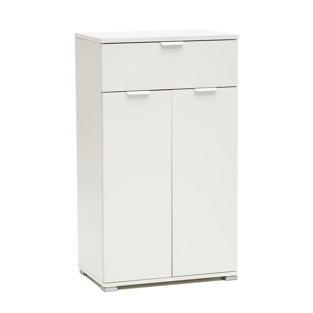 Comodino/Armadietto Bianco 2 Ante + Cassetto | Mobiletto Salvaspazio con 2 Ripiani Regolabili | Già Assemblato per Camera, Ingresso, Bagno e Soggiorno
