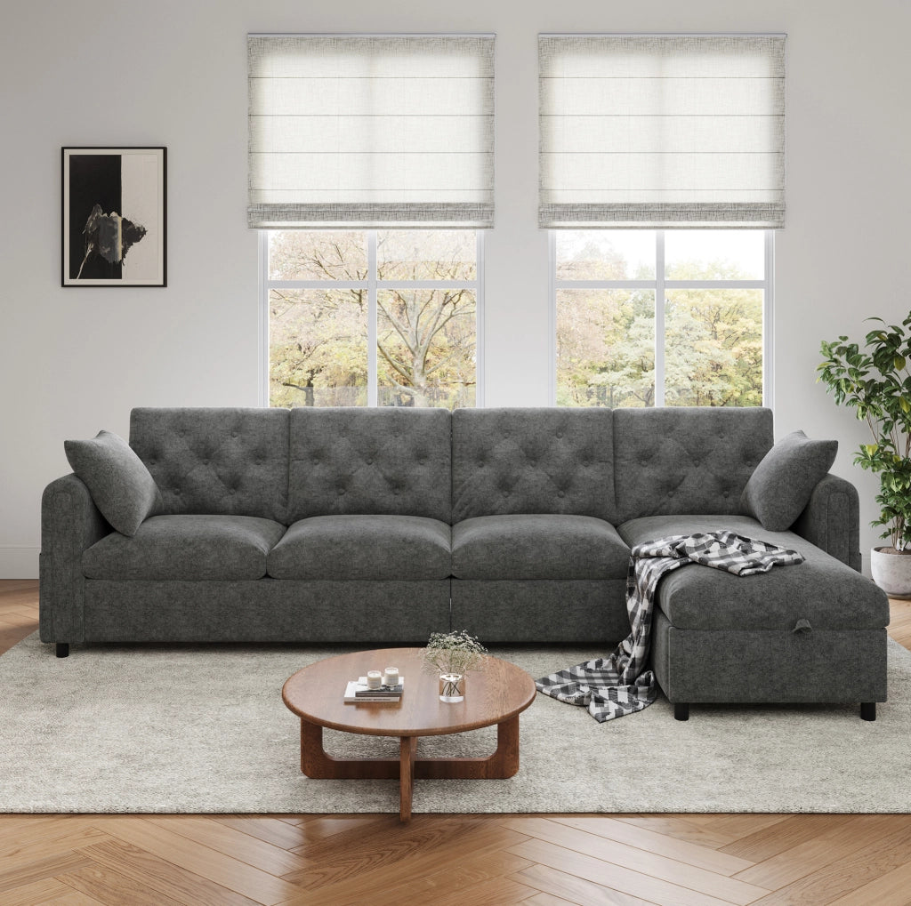 Divano angolare letto 281x132x86 cm con vano contenitore e tasca laterale in velluto grigio