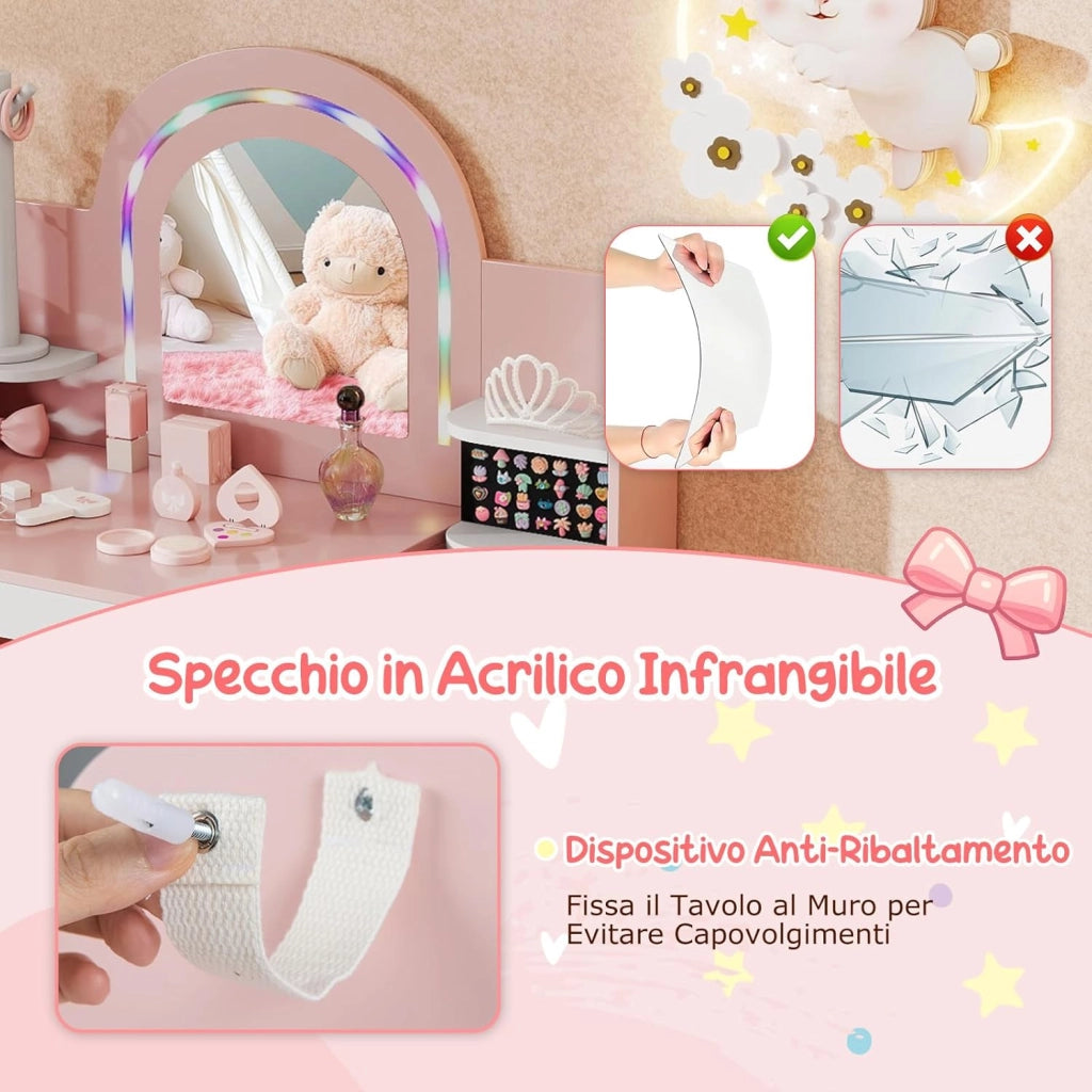 Toeletta Trucco per Bambina con Sgabello, Postazione Trucco con Luci, Scaffali a Vista, Prtagioielli, Libreria a 2 Ripiani e Contenitore in Tessuto, Ideale per Bambina 3+ Anni (Rosa)
