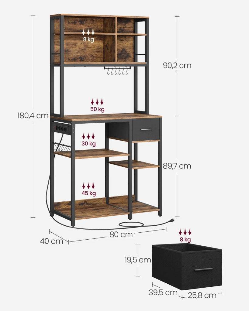 Mensola da cucina con multipresa bar con ripiani regolabili cassetto in tessuto 12 ganci 40 x 80 x 180 cm supporto per microonde marrone rustico e nero inchiostro 12_0005657