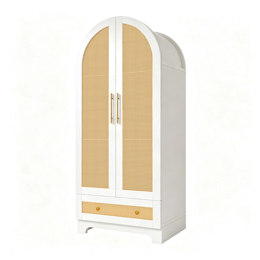 Armadio a 2 ante con 2 cassetti e 1 ampio vano; frontale effetto rattan; per camera da letto; bianco; 70 × 55 × 170 cm