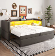 Divano letto imbottito estensibile 90/180x190 cm in flanella grigio scuro con LED e prese