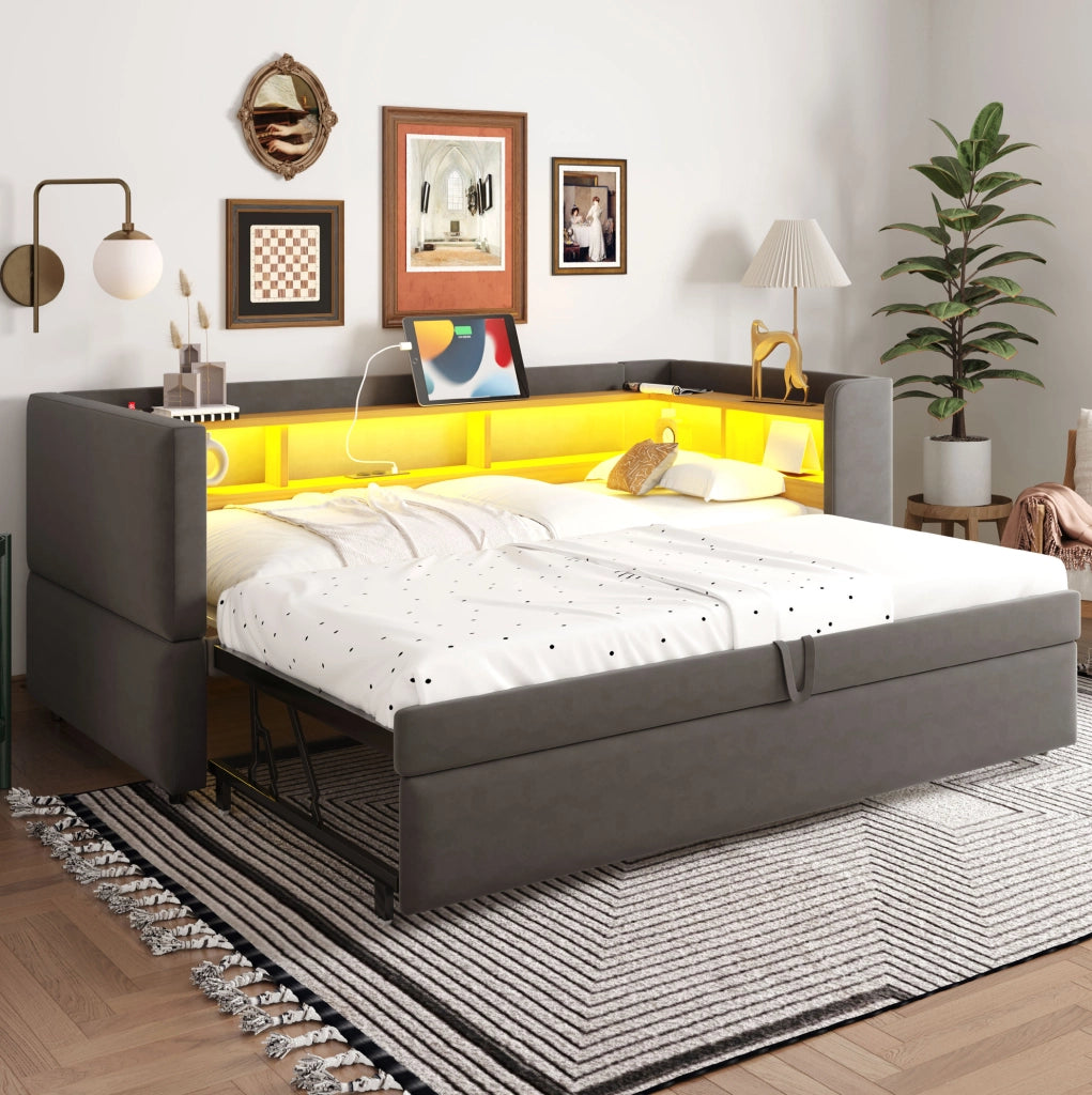Divano letto imbottito estensibile 90/180x190 cm in flanella grigio scuro con LED e prese