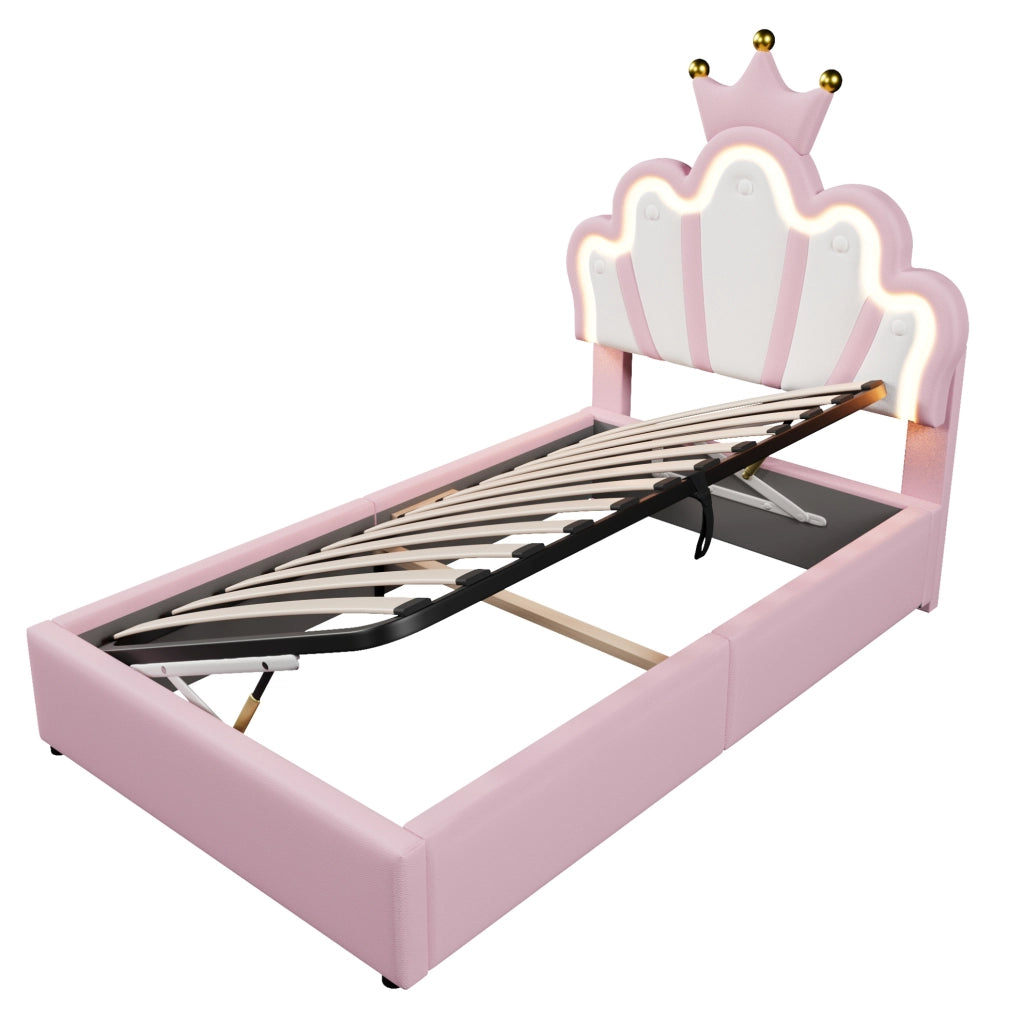 Letto imbottito 90x200 cm in PU rosa con testiera regolabile; LED e contenitore idraulico