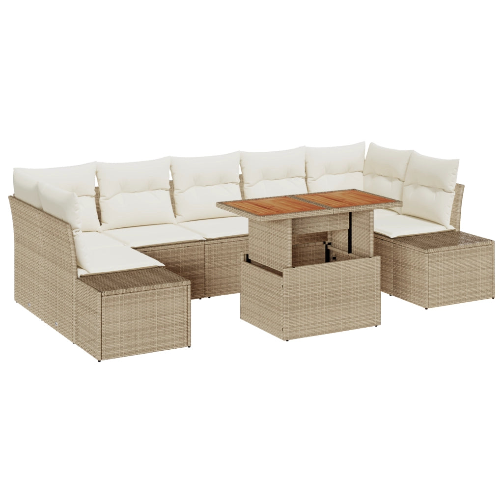 Set da pranzo da giardino 8 pezzi con cuscini color beige in rattan polipropilene e acacia