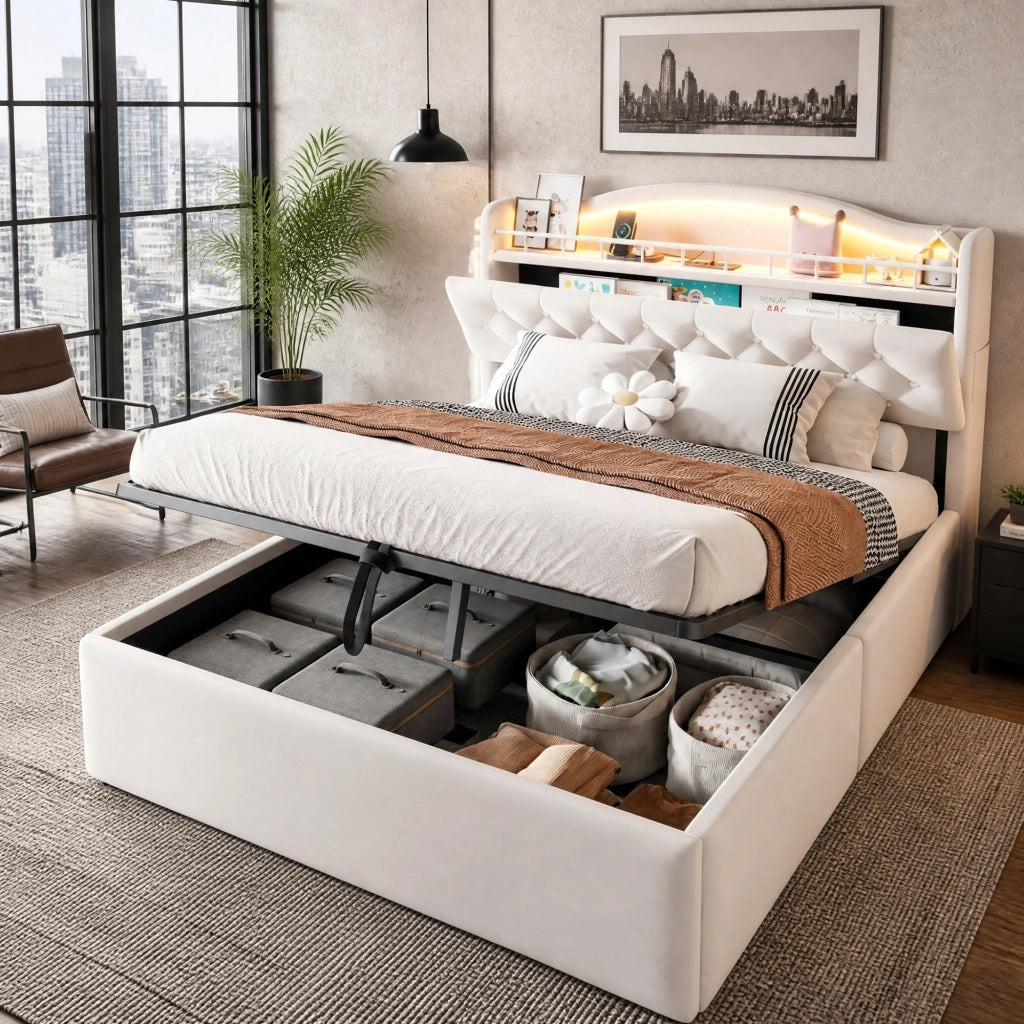 Letto Contenitore 140x200 cm con USB; USB-C; LED e Vani in Metallo; Beige