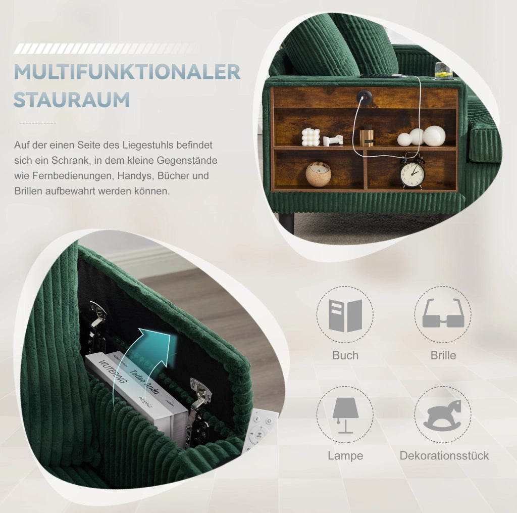 Chaiselongue in velluto a coste smeraldo con LED, portaoggetti e USB