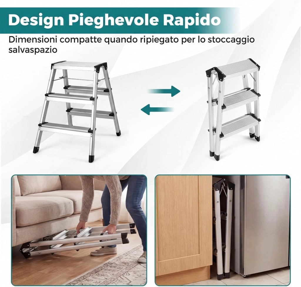 Scaletta Pieghevole in Alluminio, Scala a 3 Gradini Doppia con Pedane Larghe e Piedini Antiscivolo, Struttura Leggera, Portata 150 kg, per Casa, Ufficio e Garage