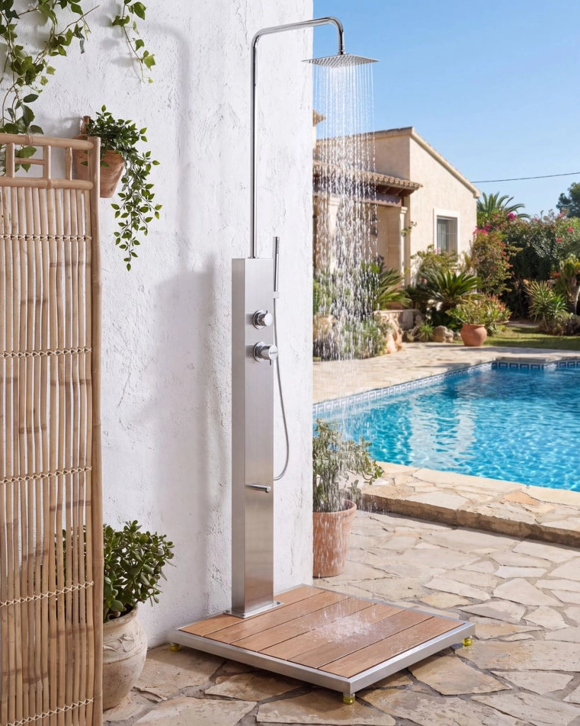 Set doccia con miscelatore da esterno in acciaio inossidabile argento e marrone chiaro con funzione a pioggia stile moderno da giardino