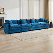 Divano modulare 4 posti con cuscini ergonomici e seduta imbottita in tessuto chenille blu 75 × 380 × 84 cm