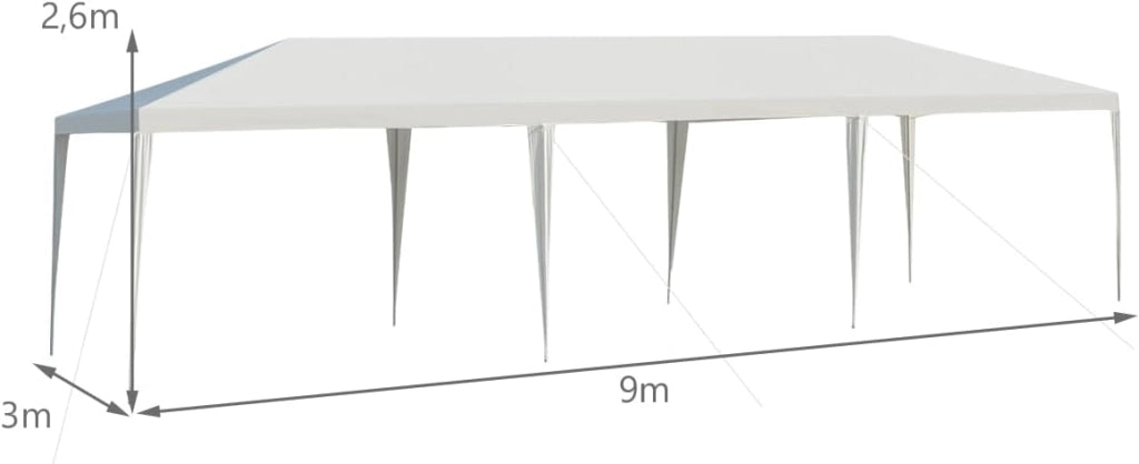 Tenda da Giardino Pieghevole, 3 x 9 m, Impermeabile, Portatile, con Tubi Metallici e Connessione Forte, Gazebo con Corde e Picchetti per Feste, Eventi, Campeggio, Bianco