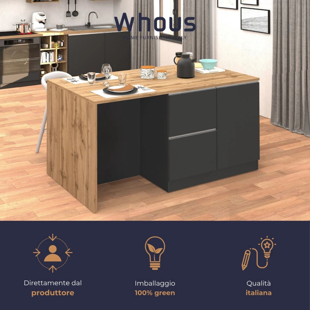 WHOUS Isola da cucina Sole con 1 anta 2 cassetti e 6 vani antracite opaco/rovere 153x90x91 cm