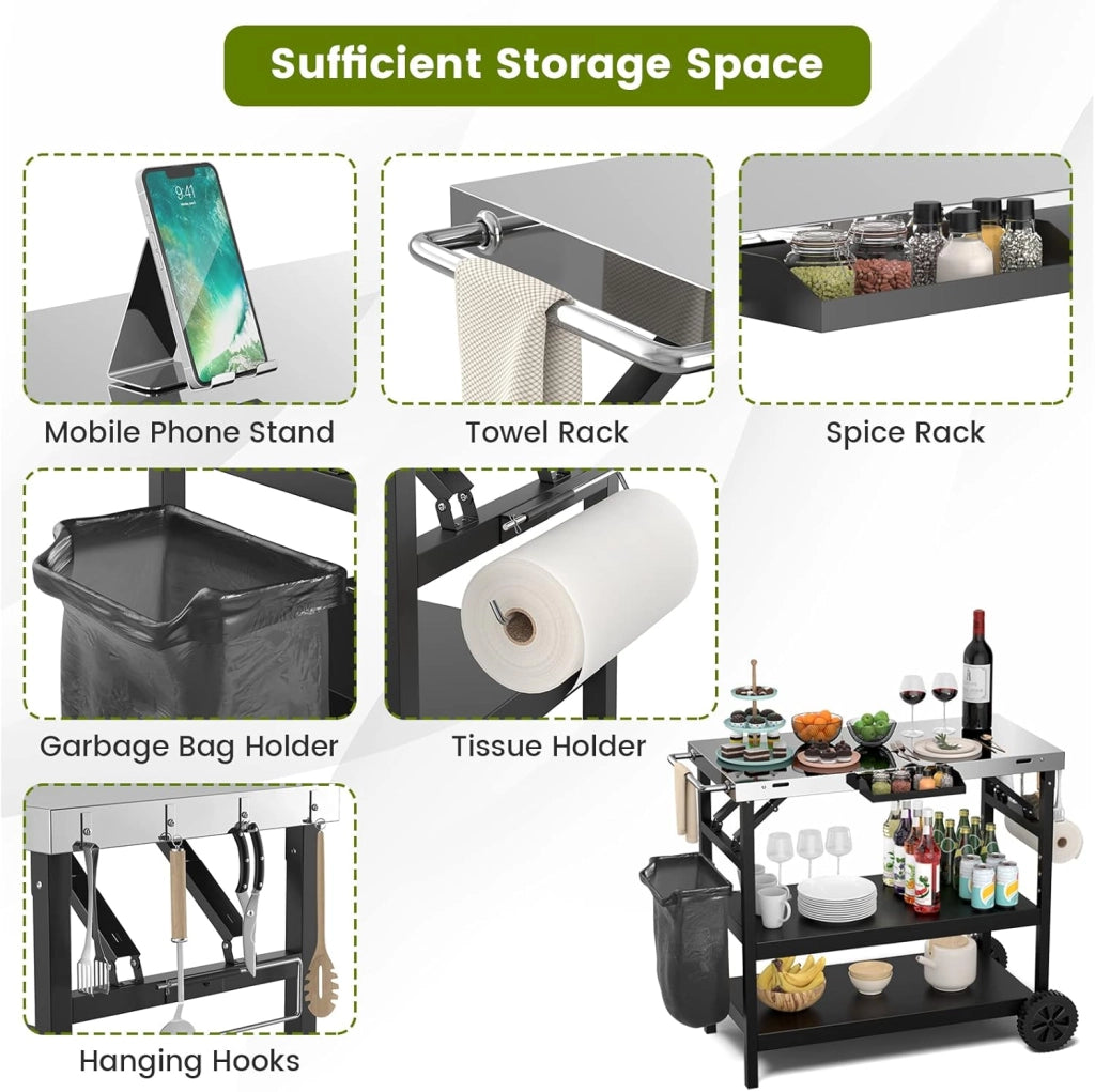 Carrello Barbecue con 3 Ripiani, Carrello per Grigliare, 106 x 52 x 84cm, Carrello da Pranzo per BBQ in Metallo, con Ripiano Regolabile, Ruote, Portasciugamani e Supporto per Cellulare, Nero