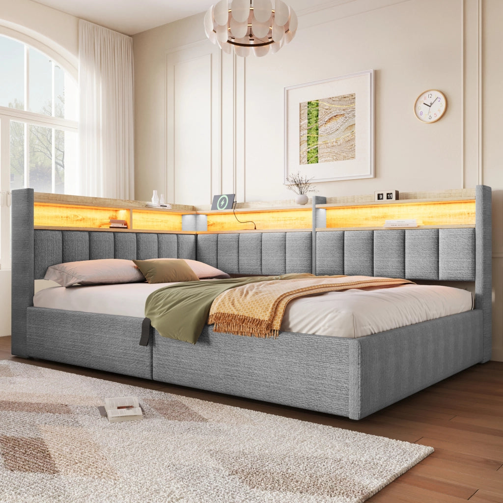 Letto imbottito 140x200 in velluto grigio con contenitore; LED RGB e porte USB