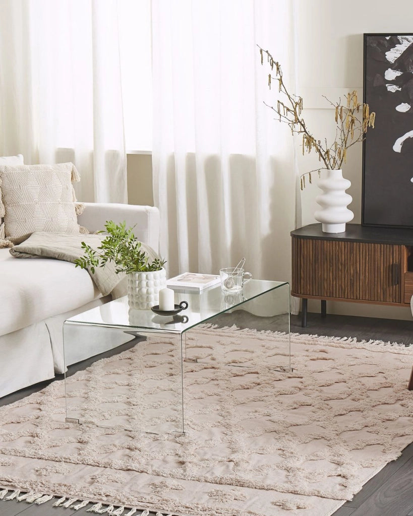 Tappeto Beige di Cotone Fatto a mano stile marocchino motivo con quadrifogli 140 x 200 cm