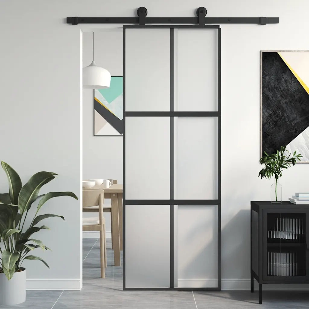 Porta Scorrevole Nera 76x205 cm in Vetro Temperato e Alluminio 155207