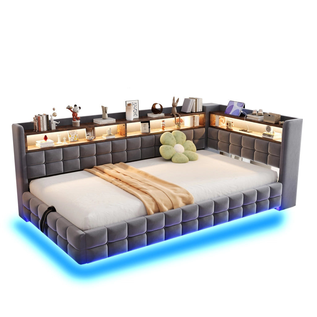 Letto Contenitore Letto Singolo 90x200 cm; LED; prese USB e tipo C; mensole; in velluto Grigio