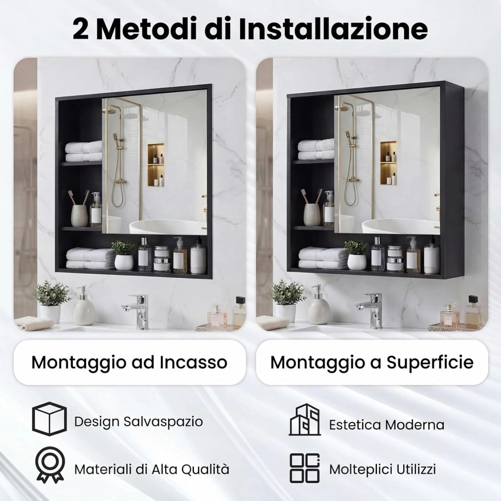 Mobile Bagno con Specchio, Specchio Bagno Contenitore con Porta Singola e 3 Ripiani Aperti, Mobiletto Salvaspazio in Legno per Lavanderia e Ingresso, 56 x 16 x 61 cm (Nero)