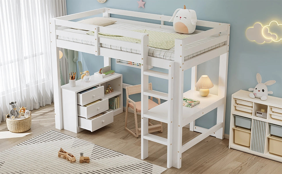 Letto a castello bianco con scrivania cassetti e scaffale in legno di pino e MDF 90x200 cm