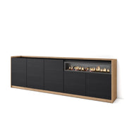 Credenza, Mobile, Cucina, 260x80x37 cm, 5 Porte, Camino elettrico, Nero e rovere