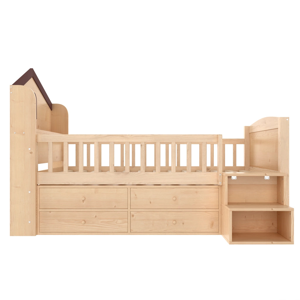 Letto a soppalco basso 90x200 cm in legno di pino, forma casa con LED, 4 cassetti e scala, Naturale
