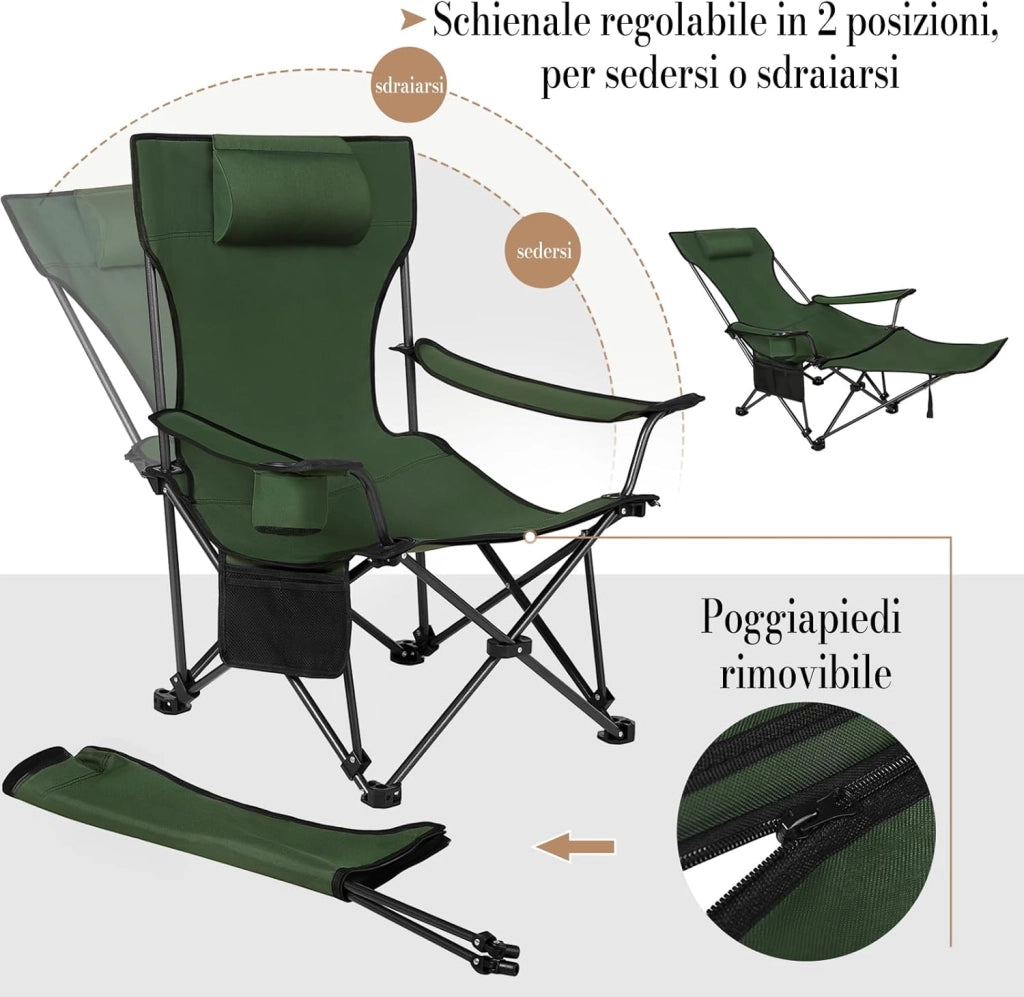 Set di 2 Sedia da Campeggio Portatile Reclinabile, Sedia Pieghevole Esterno con Poggiapiedi, Poggiatesta e Borsa da Trasporto, per Pesca, Giardino, Verde