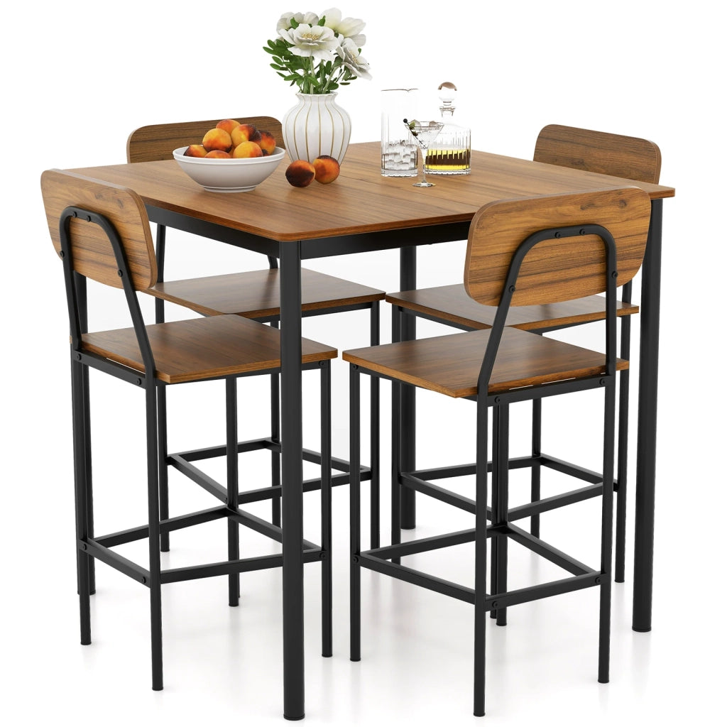 5 Pieces Industrial Dining Table Set with Counter Height Table and 4 Bar Stools-Walnut