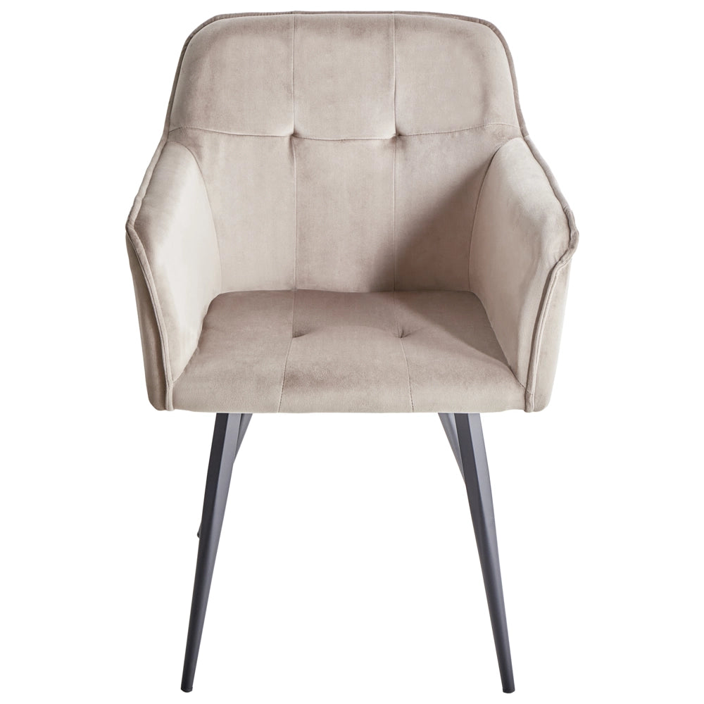 Set di 2 sedie da pranzo con sedile imbottito in velluto beige tortora con braccioli e gambe in metallo Nero